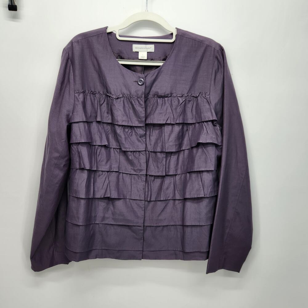 NWT Christopher & Banks Plum Silk‎ Ruffled Tiered Button Blazer Jacket Women's L